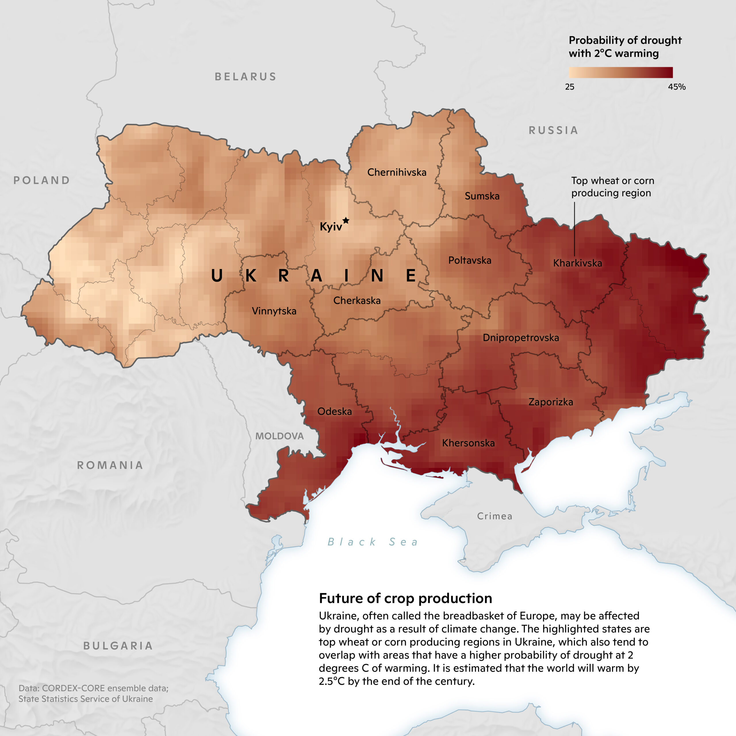 map of the probability of drought in Ukraine with 2 degrees of warming