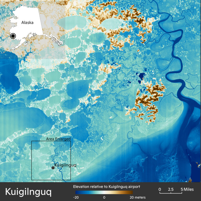 map of Kuigilnguq, Alaska region showing all the areas that are higher in elevation than their current airport runway elevation and below (very little).