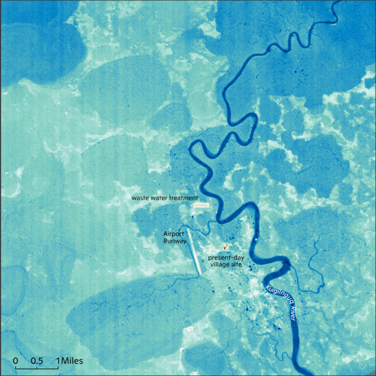 map of Kuigilnguq, Alaska region showing all the areas that are higher in elevation than their current airport runway elevation and below (very little).