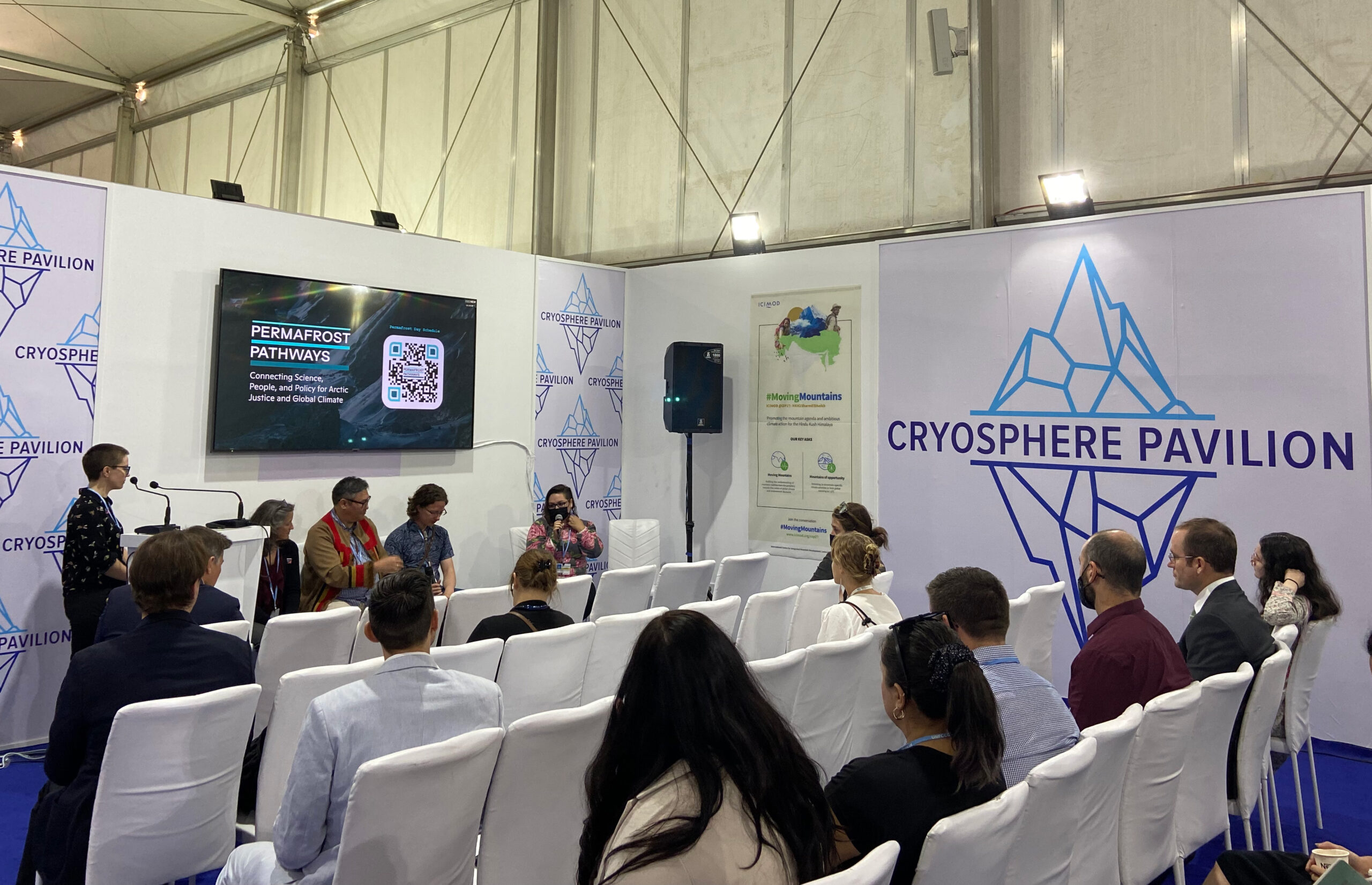 Panelists from the session “Co-producing adaptation strategies to the climate crisis in the Arctic” during Permafrost Day in the Cryosphere Pavilion. Photo by Melissa Shapiro