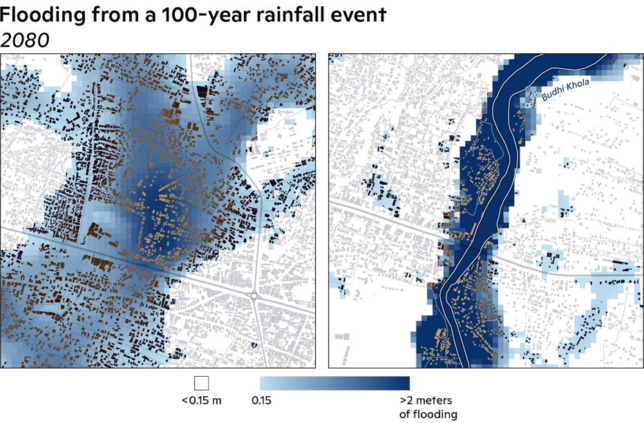 Flood inundation map for a 1-in-100 year rainfall event in 2071–2090 with building polygons included.