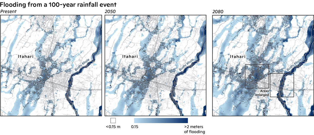 Flood inundation map for a 1-in-100 year rainfall event in present, 2041–2060, and 2071–2090