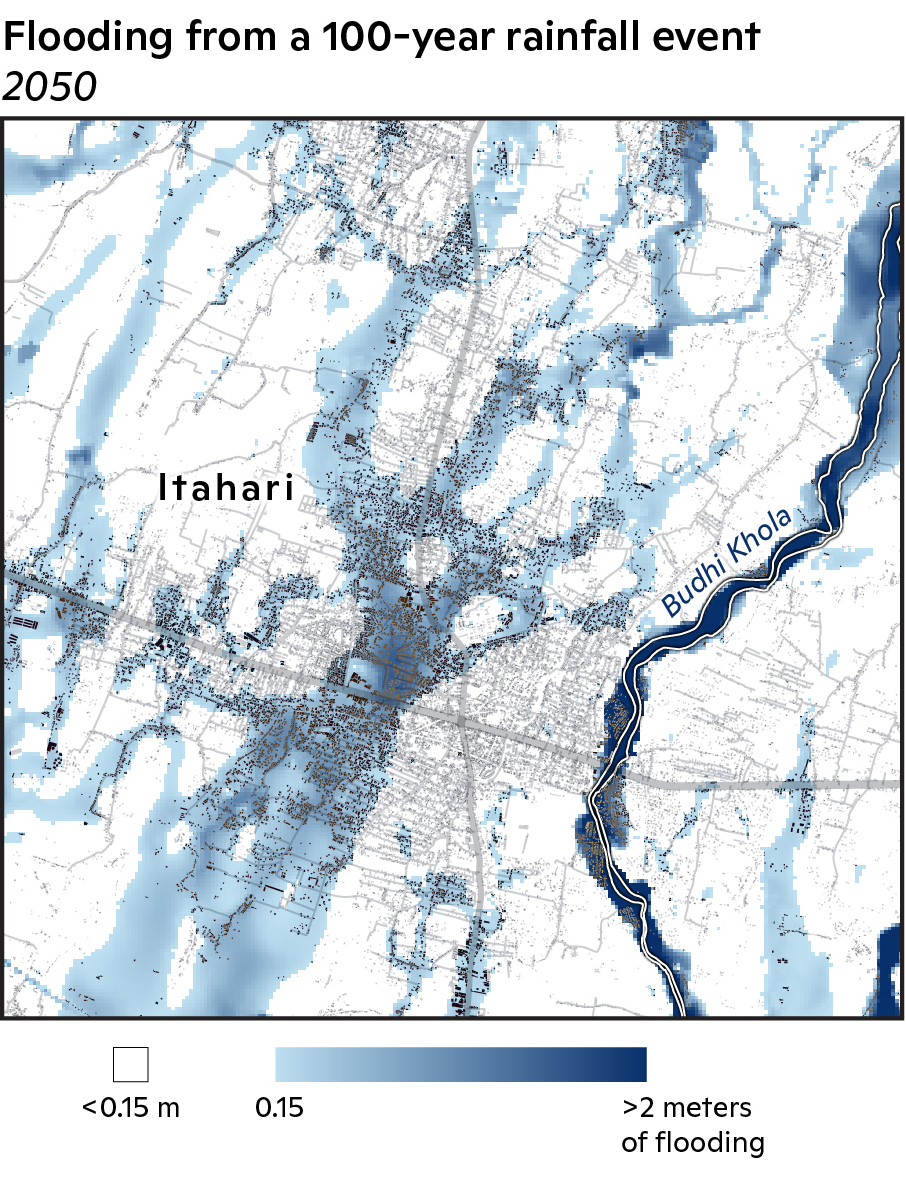 Flood inundation map for a 1-in-100 year rainfall event for 2041–2060 with building polygons included.