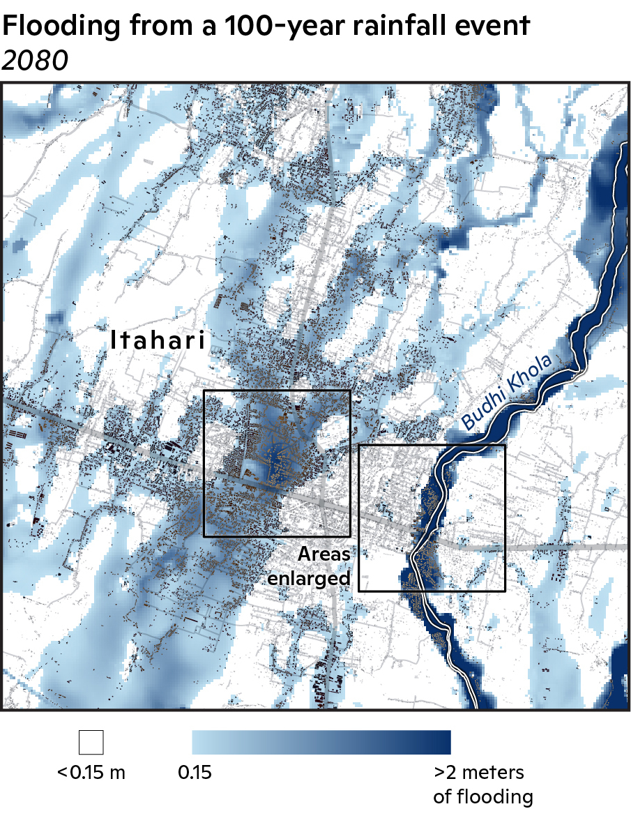 Flood inundation map for a 1-in-100 year rainfall event for 2071–2090 with building polygons included.