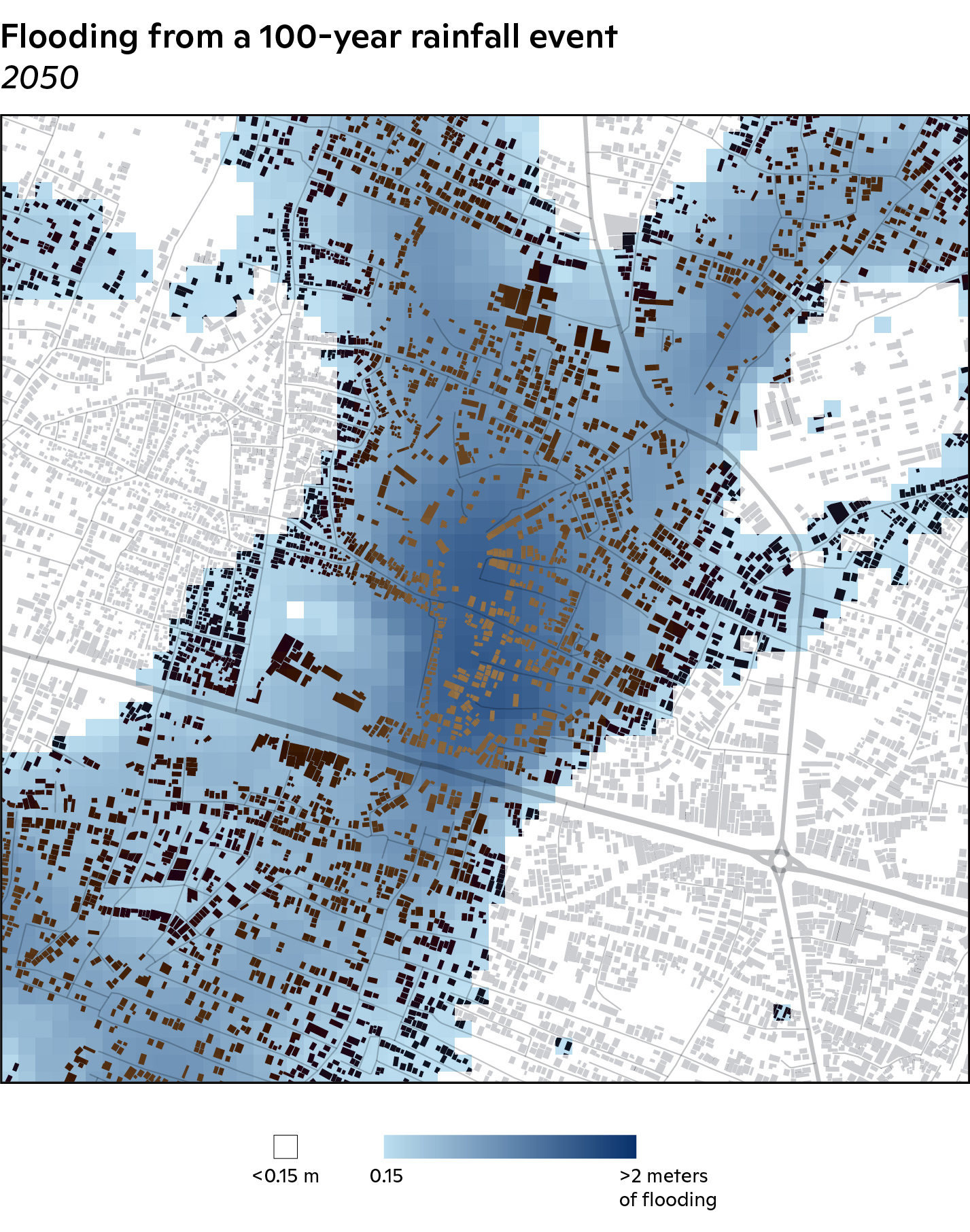 Flood inundation map for a 1-in-100 year rainfall event for 2041–2060 with building polygons included.