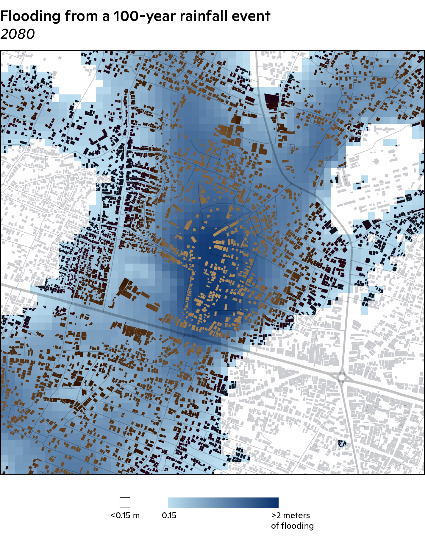 Flood inundation map for a 1-in-100 year rainfall event for 2071–2090 with building polygons included.