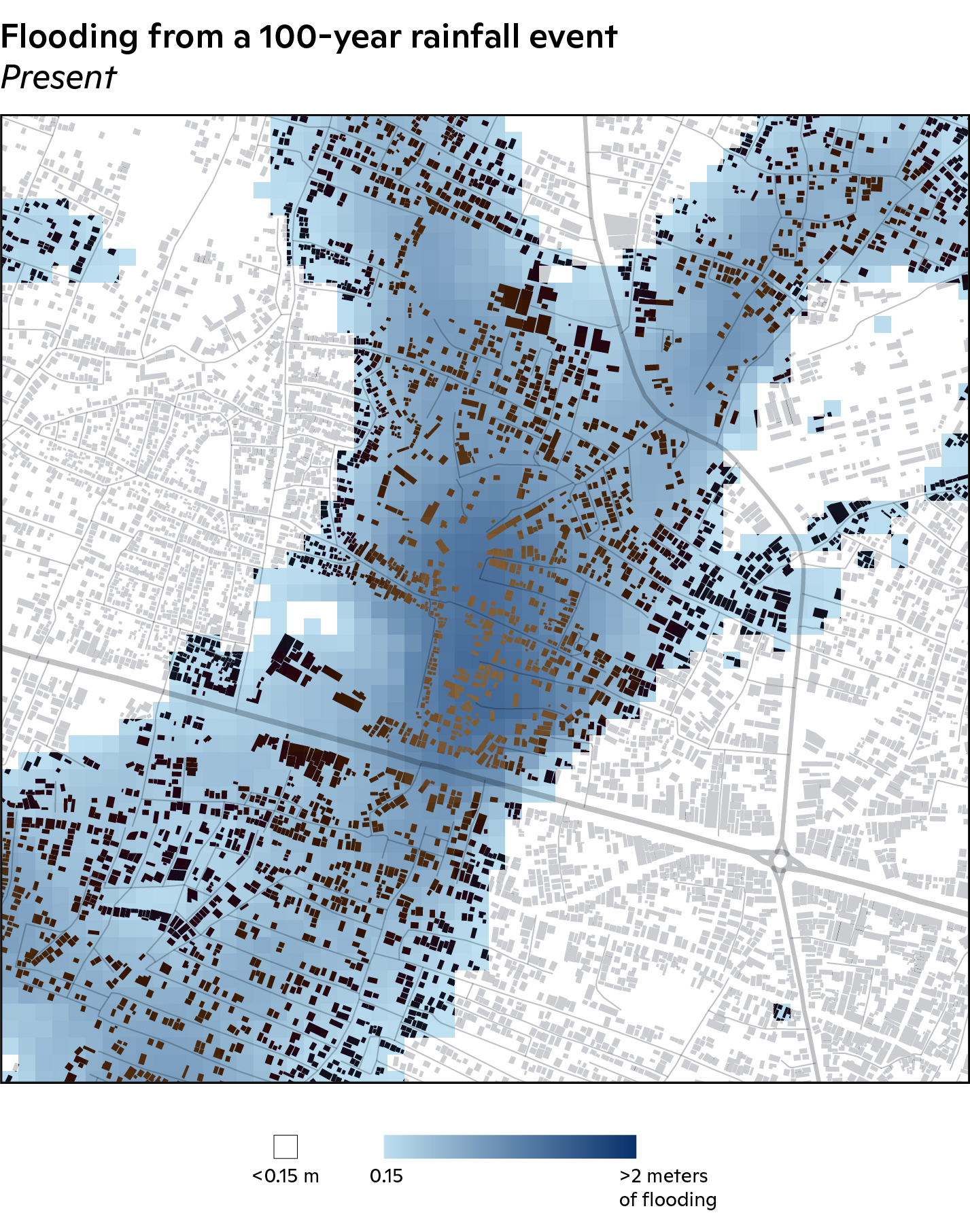 Flood inundation map for a 1-in-100 year rainfall event for Present with building polygons included.