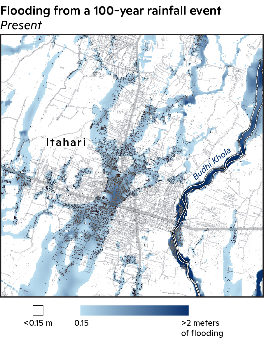 Flood inundation map for a 1-in-100 year rainfall event for Present with building polygons included.