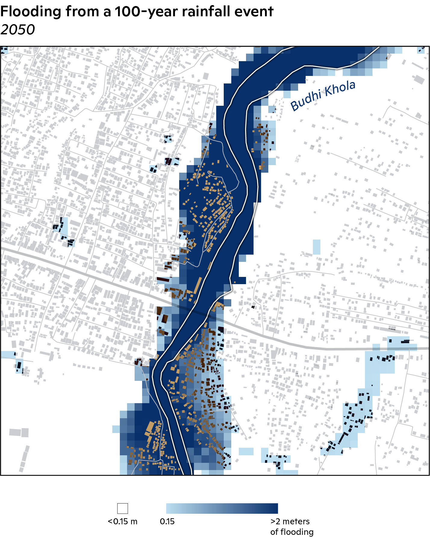 Flood inundation map for a 1-in-100 year rainfall event for 2041–2060 with building polygons included.