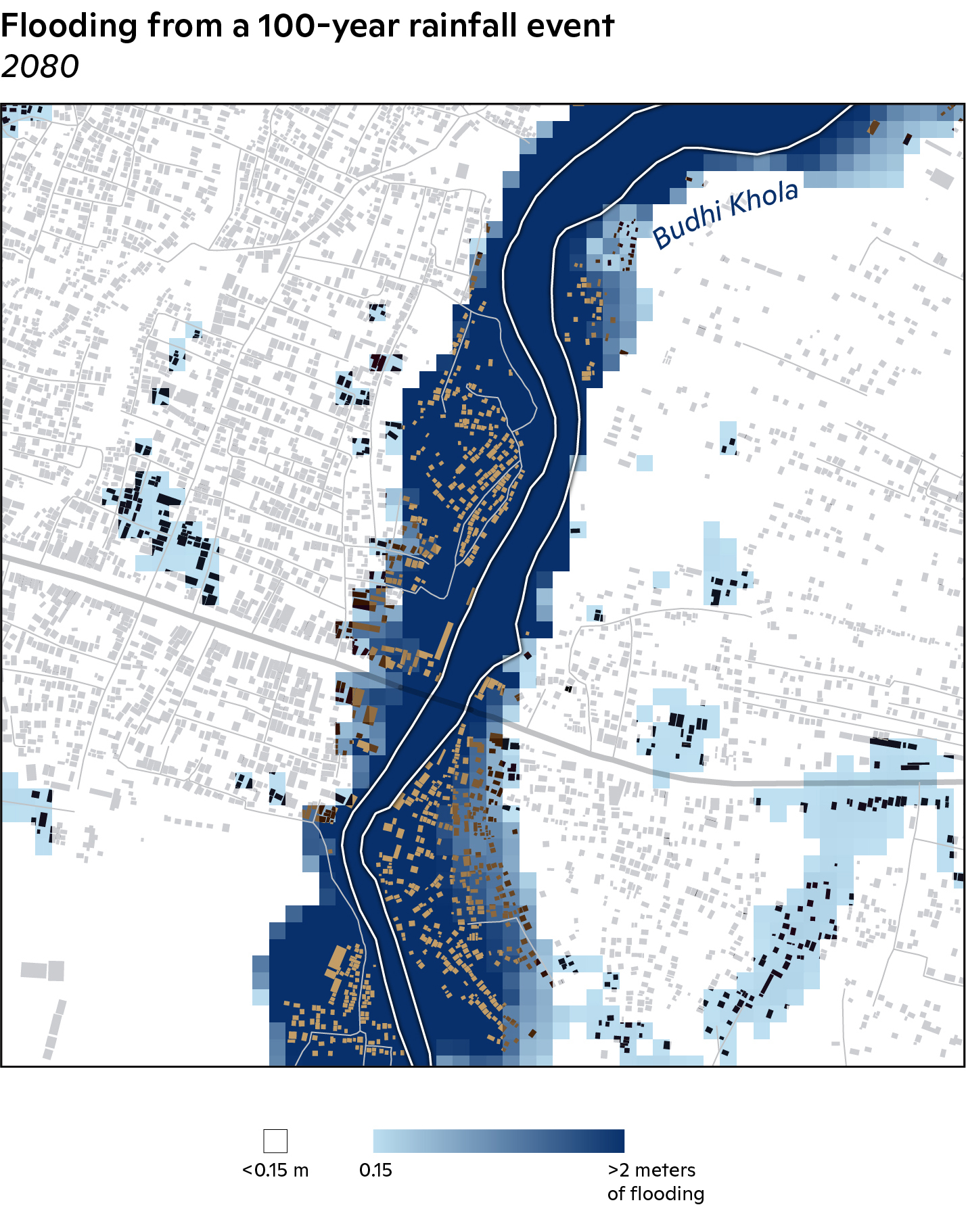 Flood inundation map for a 1-in-100 year rainfall event for 2071–2090 with building polygons included.