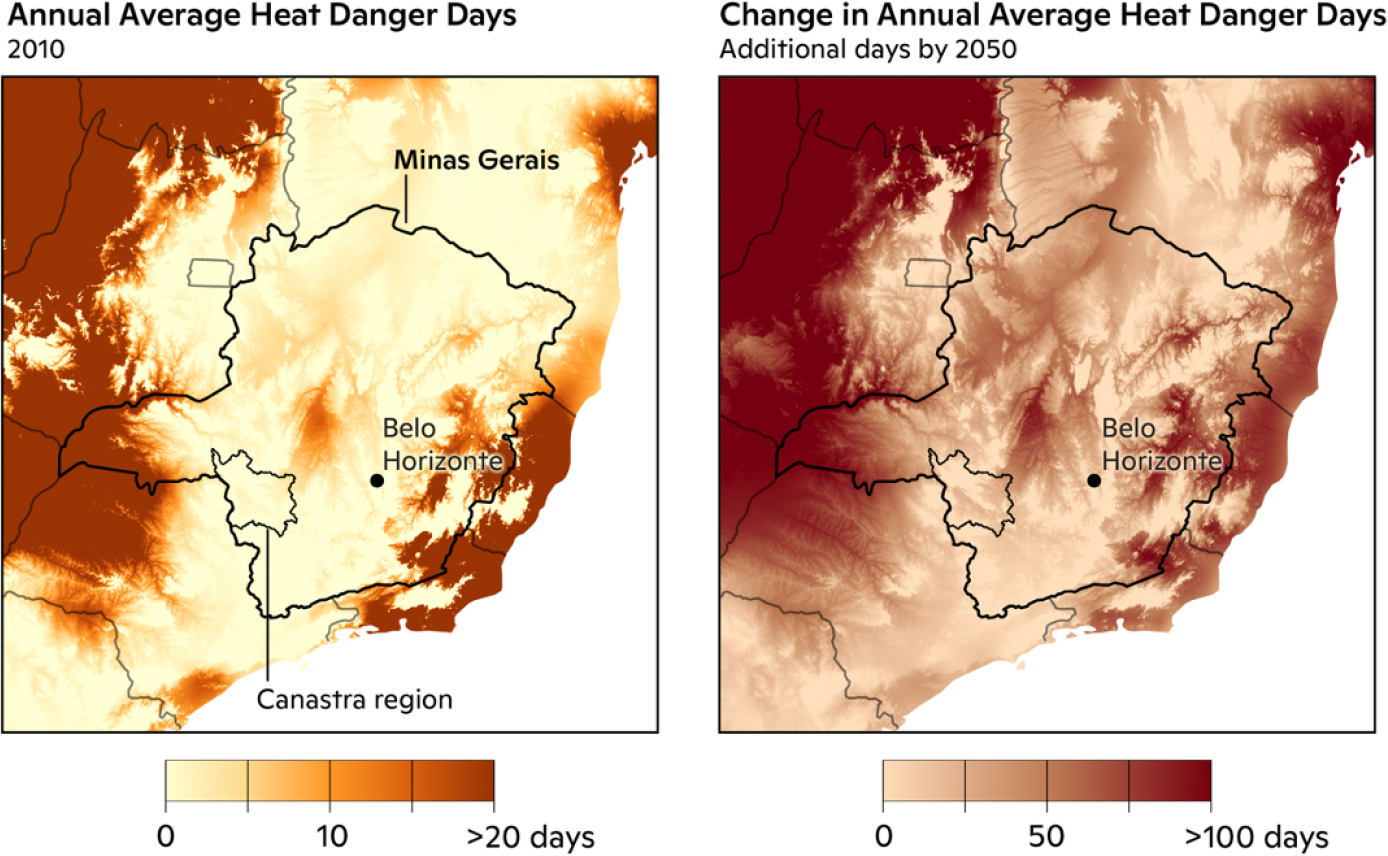 Current heat danger days vs future heat danger days for state of Minas Gerais.