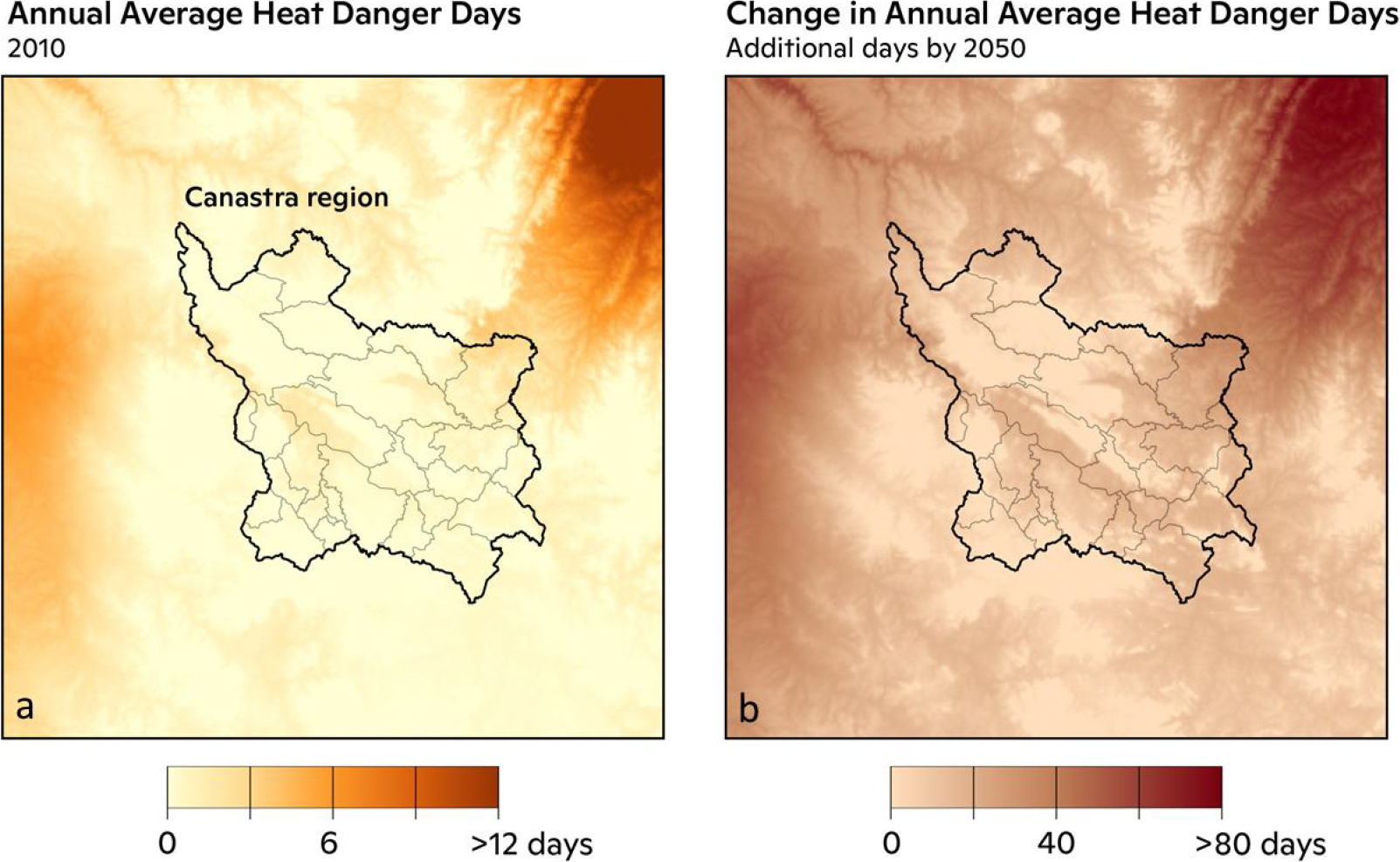 Current heat danger days vs future heat danger days for Canastra region in the state of Minas Gerais.