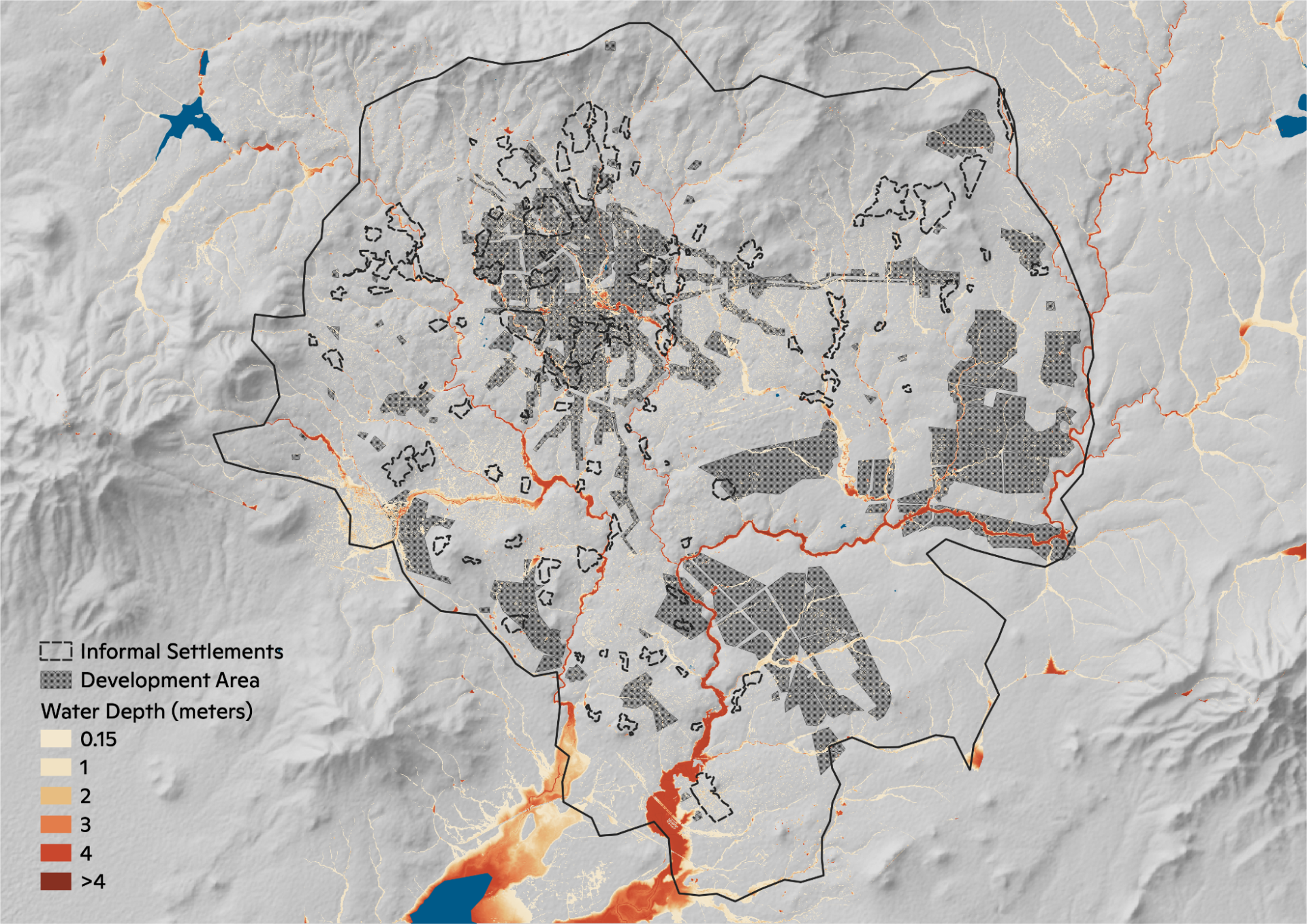 Figure 3: Present-day flood depths for the 1-in-100 year flood event. Informal settlements and future development areas are overlaid.