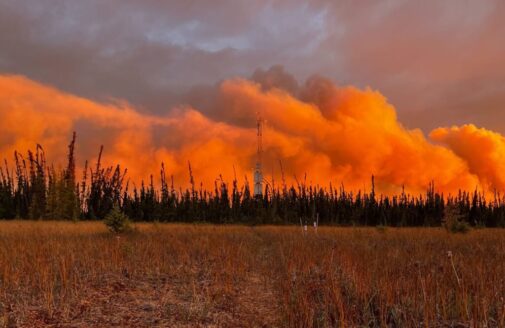 Wildfire smoke looms over the Scotty Creek tower site. Photo by Joëlle Voglimacci-Stephanopoli