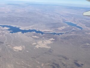 View of Colorado River from above, showing low water levels