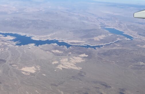 View of Colorado River from above, showing low water levels