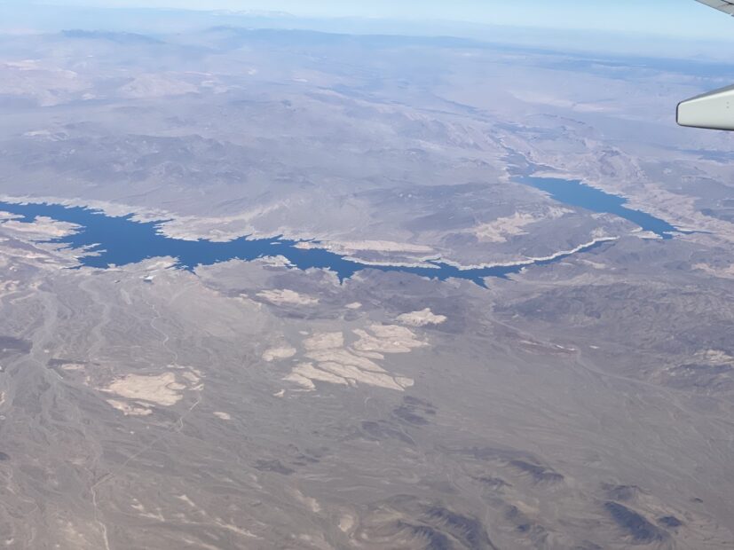 View of Colorado River from above, showing low water levels