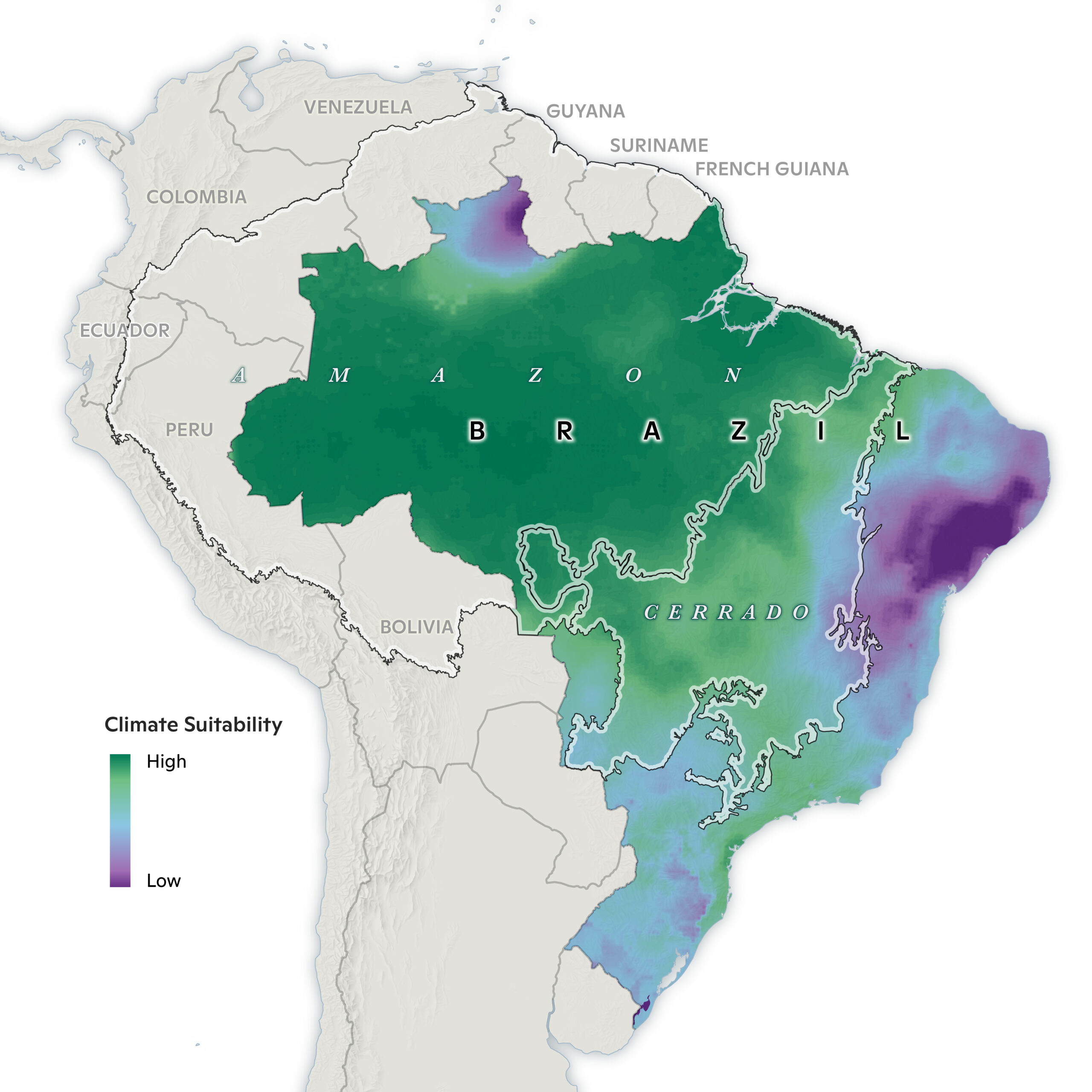 climate suitability on a map showing amazon region as favorable and atlantic coast as less so