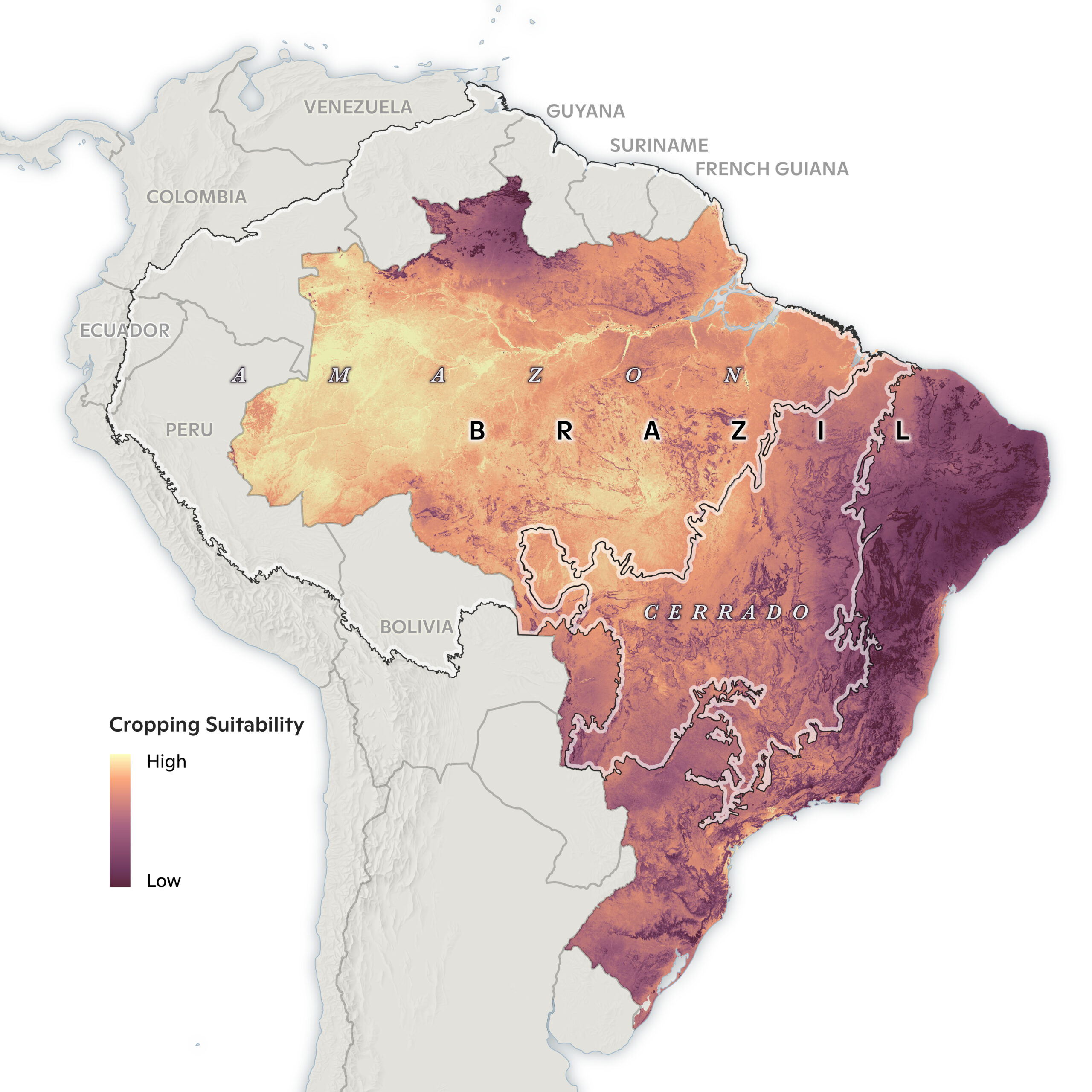 crop suitability overall showing high suitability in northwest and central Brazil but low along the atlantic coast