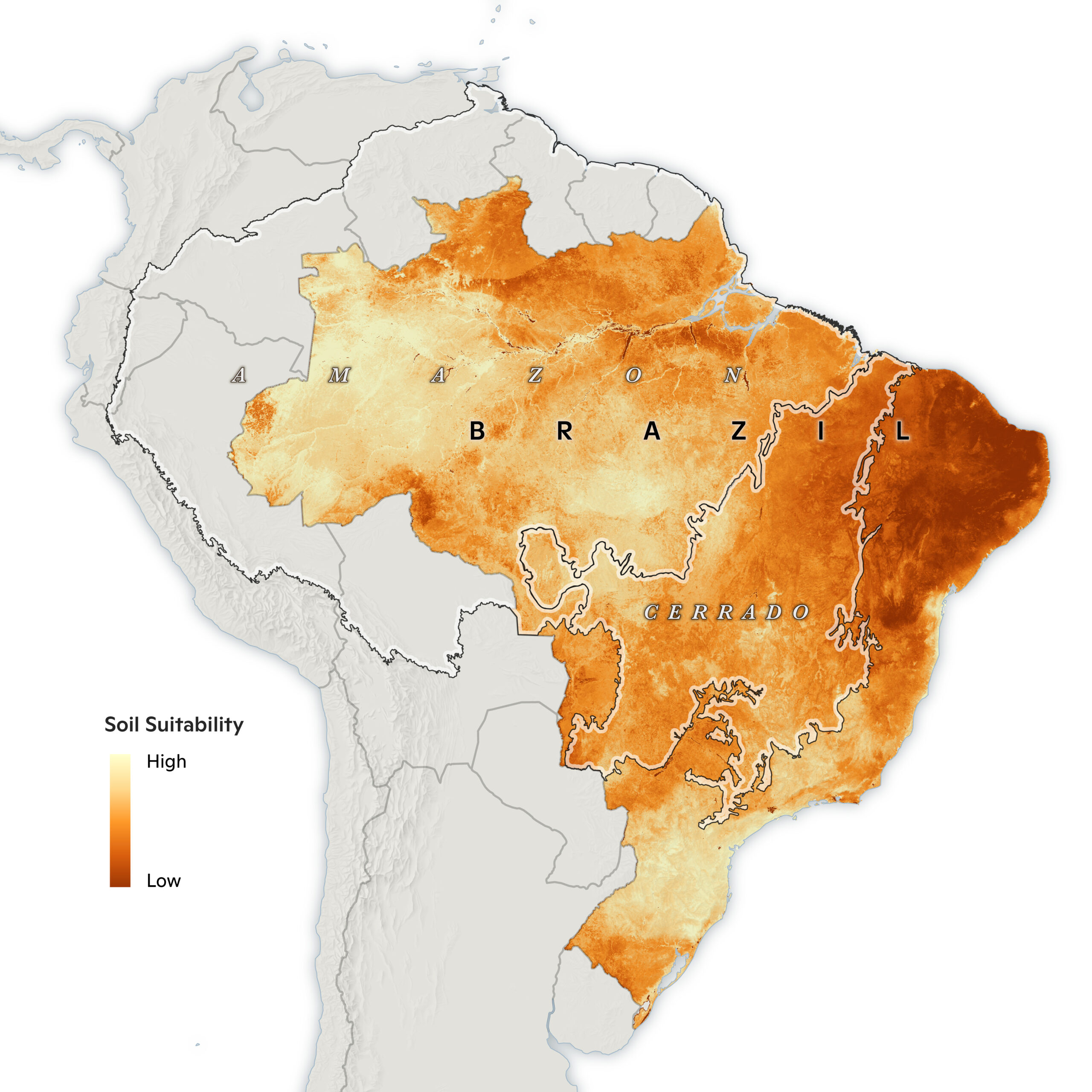 soil suitability map showing high suitability in light colors and low in dark