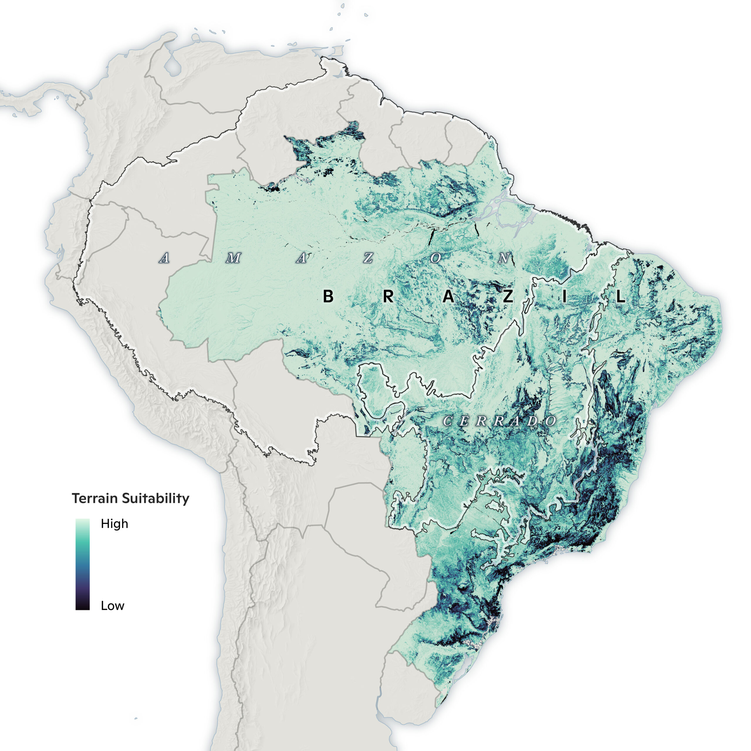 terrain suitability map showing high suitability in light colors and low in dark