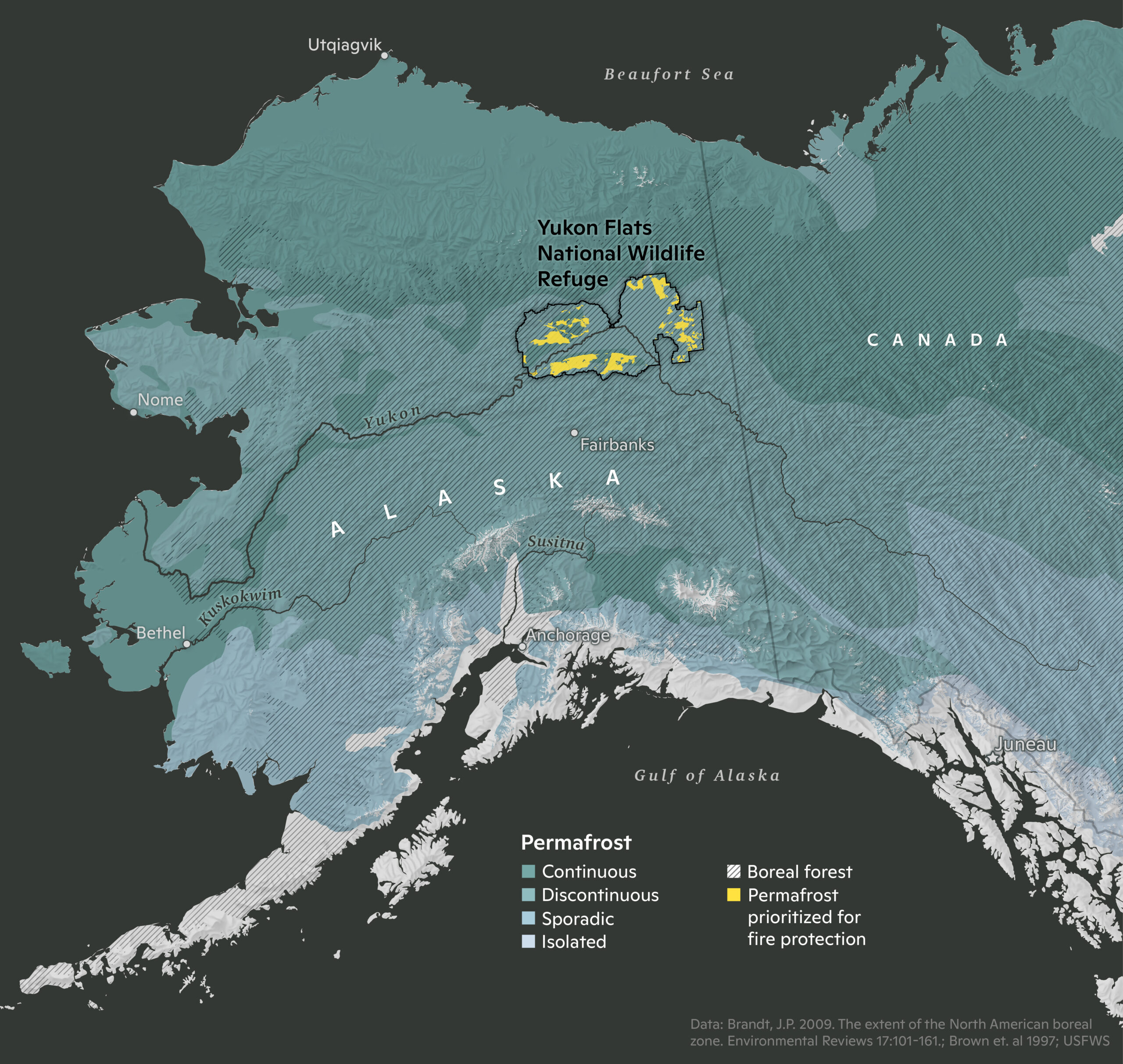 map of alaska showing the location of yukon flats national wildlife refuge in the north eastern part of the state and different types of permafrost