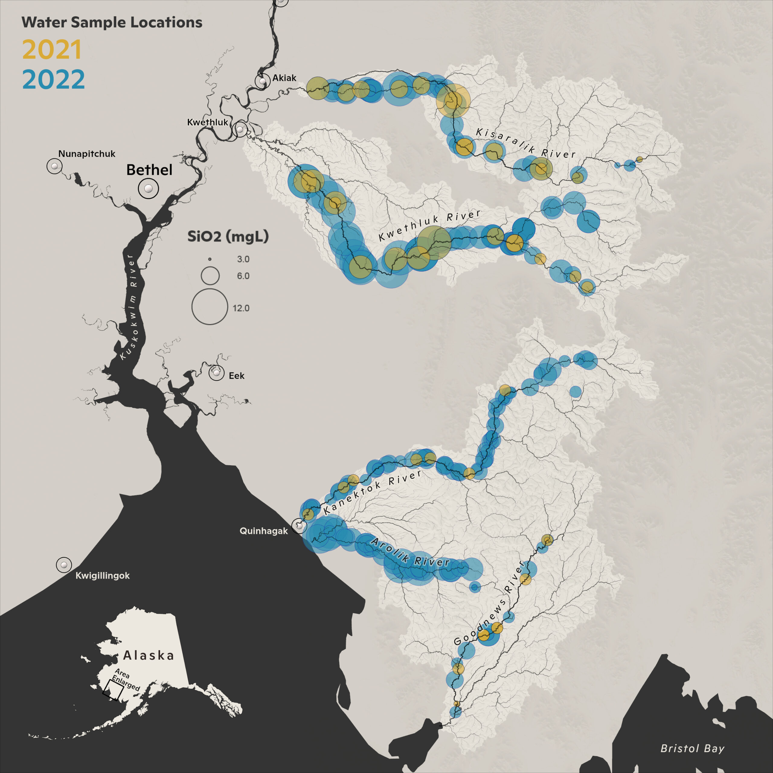 rivers in alaska with dots indicating the sampling locations that Science on the fly has collected from