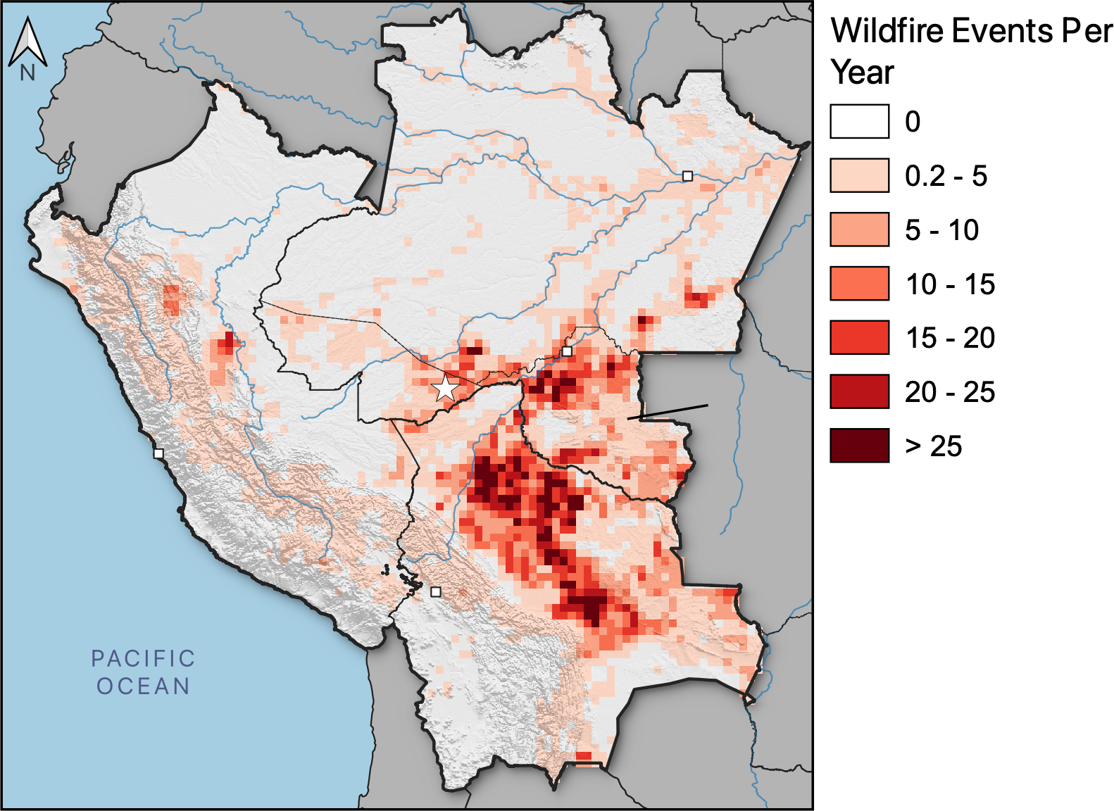 Gridded fire distributions map of Bolivia, Peru and the Brazilian states of Acre, Amazonia and Rondônia