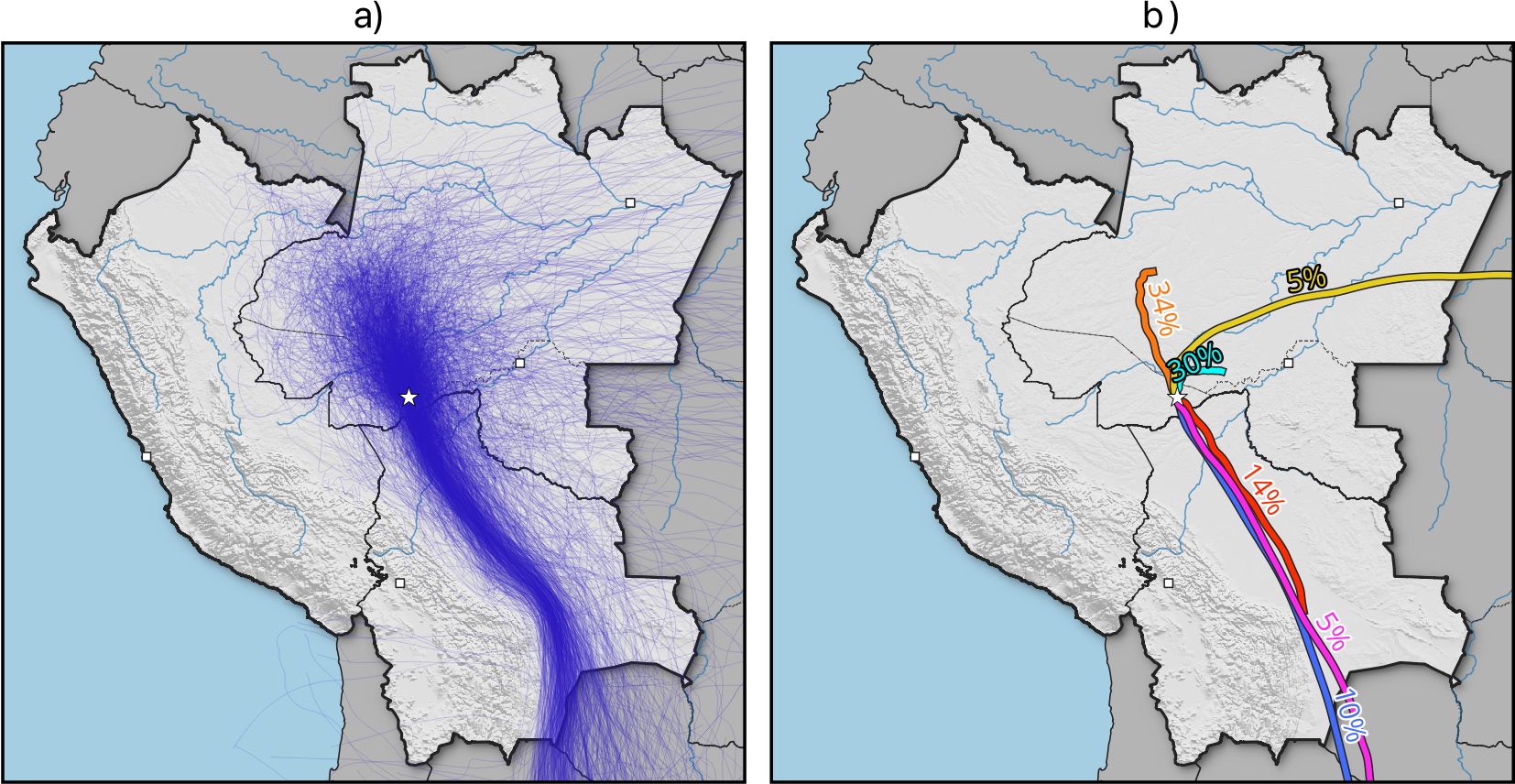 20 years of 6-day backward trajectories released from Rio Branco.