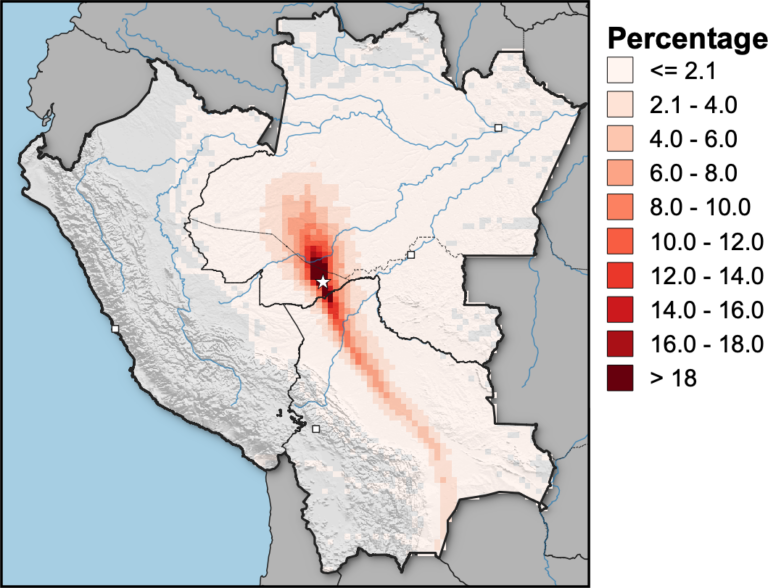 Gridded distributions of 20 years of backwards trajectories from Rio Branco: the percentage of trajectories passing over each grid square