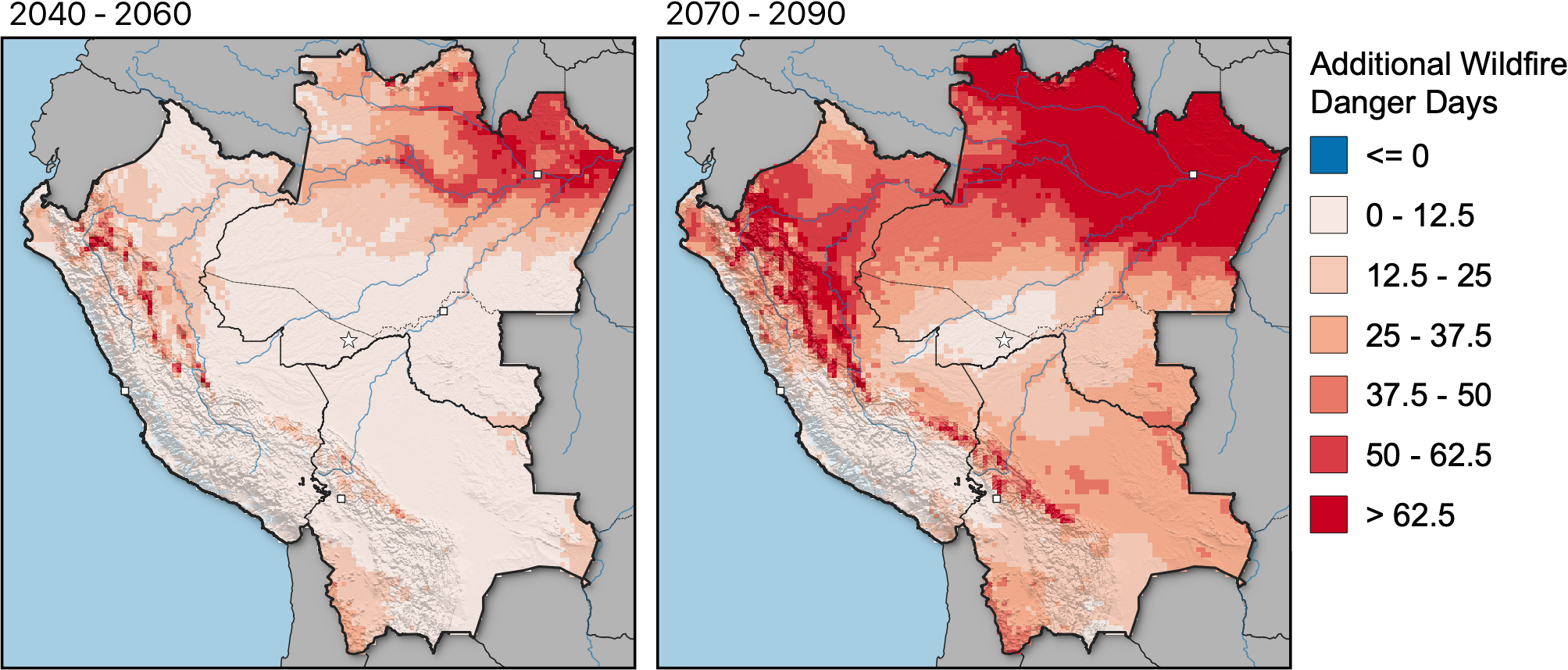 The change in fire danger days per year relative to 2000-2020 in two future periods, 2040-2060 and 2070-2090