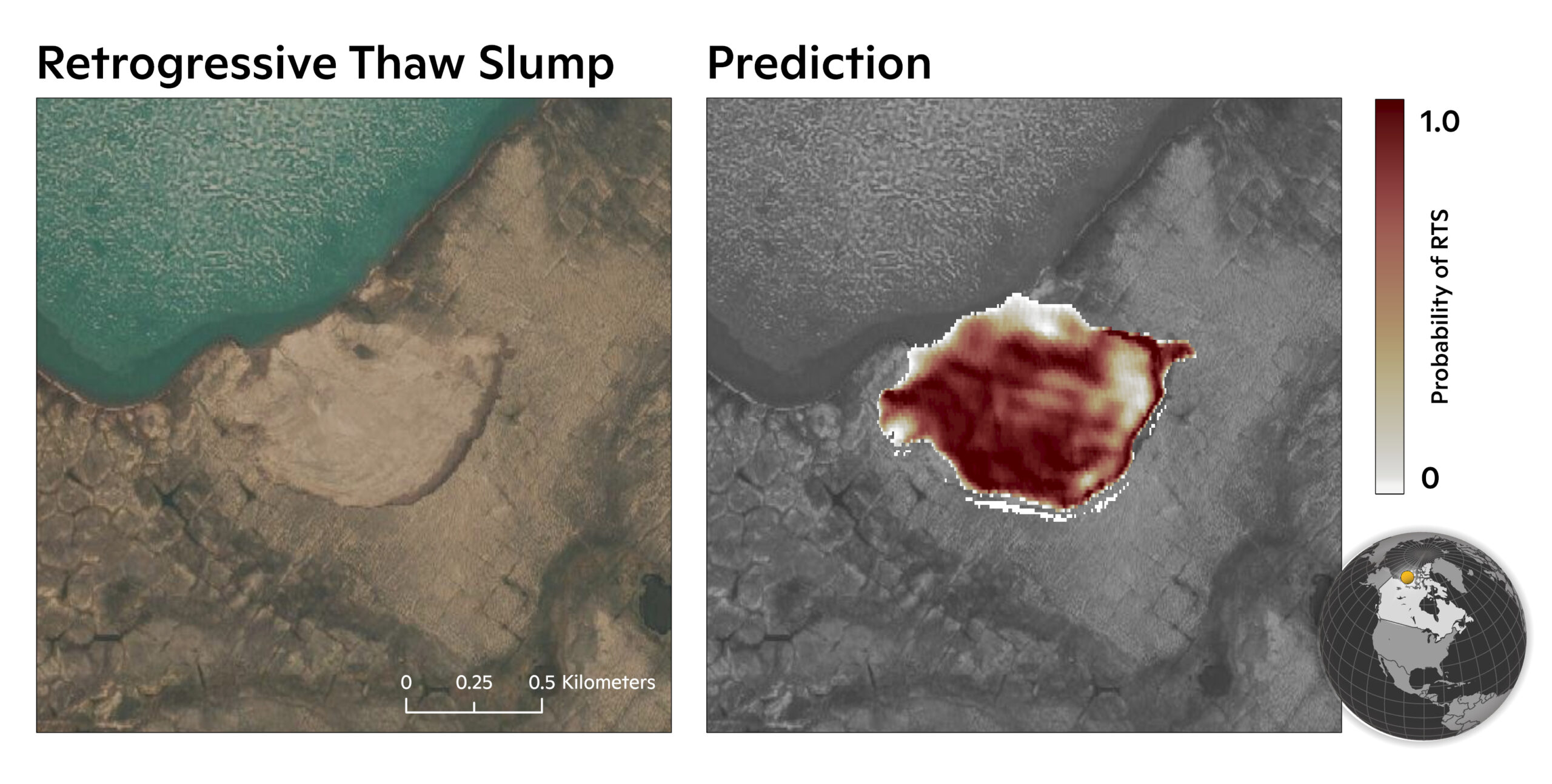 two images one showing satellite picture of a thaw slump and the other showing the model prediction of where it might be