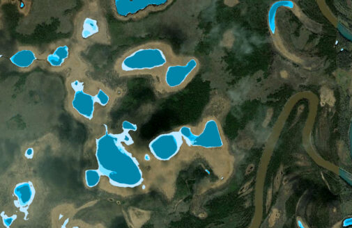 satellite imagery of yukon flats with model prediction of water bodies