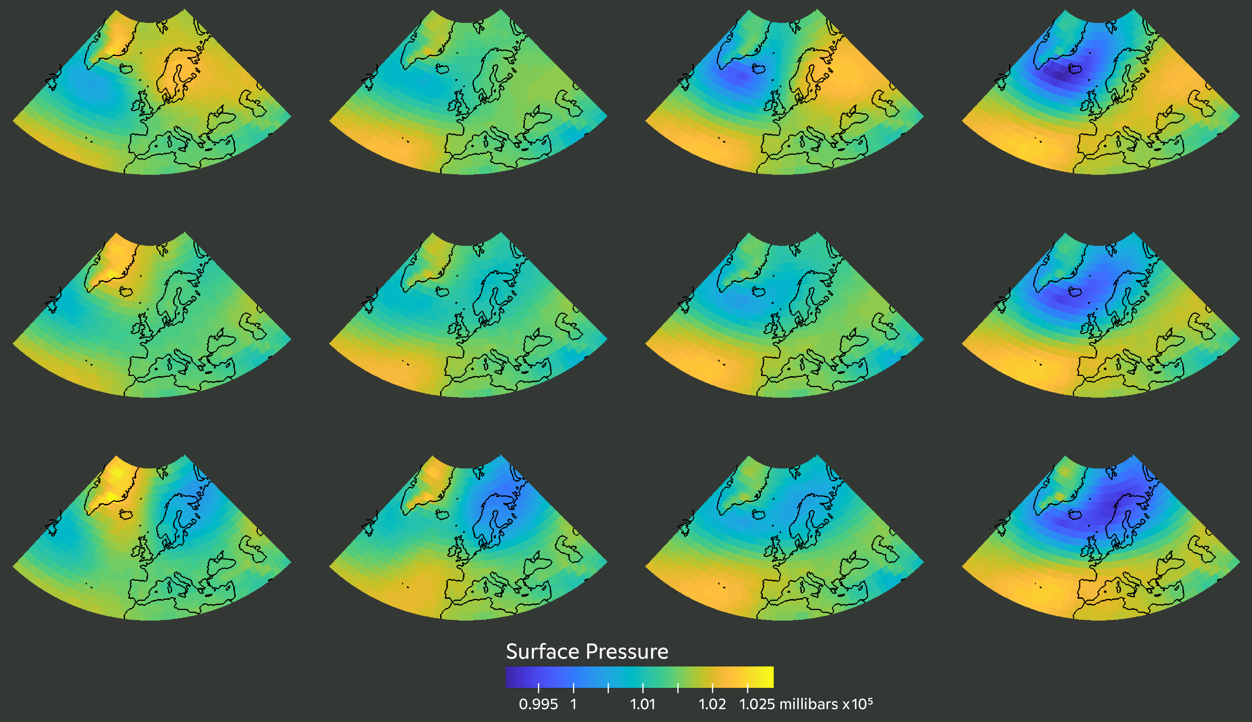 an array of maps showing different surface pressure patterns over the northern hemisphere