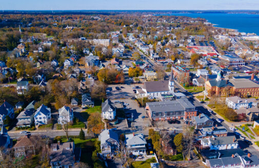 Plymouth historic town center aerial view of Main Street in fall, Plymouth, Massachusetts