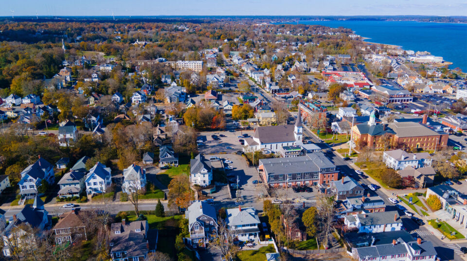 Plymouth historic town center aerial view of Main Street in fall, Plymouth, Massachusetts