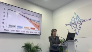 Dr. Sue Natali speaking at the Cryosphere pavilion at COP 25