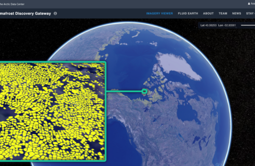 A screenshot of the Permafrost Discovery Gateway Imagery Viewer showing yellow polygons representing ice wedges