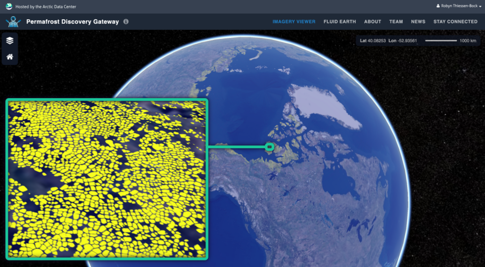 A screenshot of the Permafrost Discovery Gateway Imagery Viewer showing yellow polygons representing ice wedges