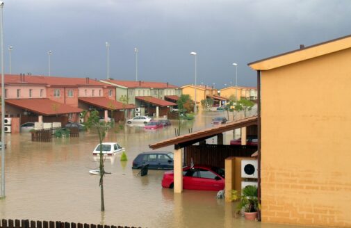 Floodwaters surround cars and houses