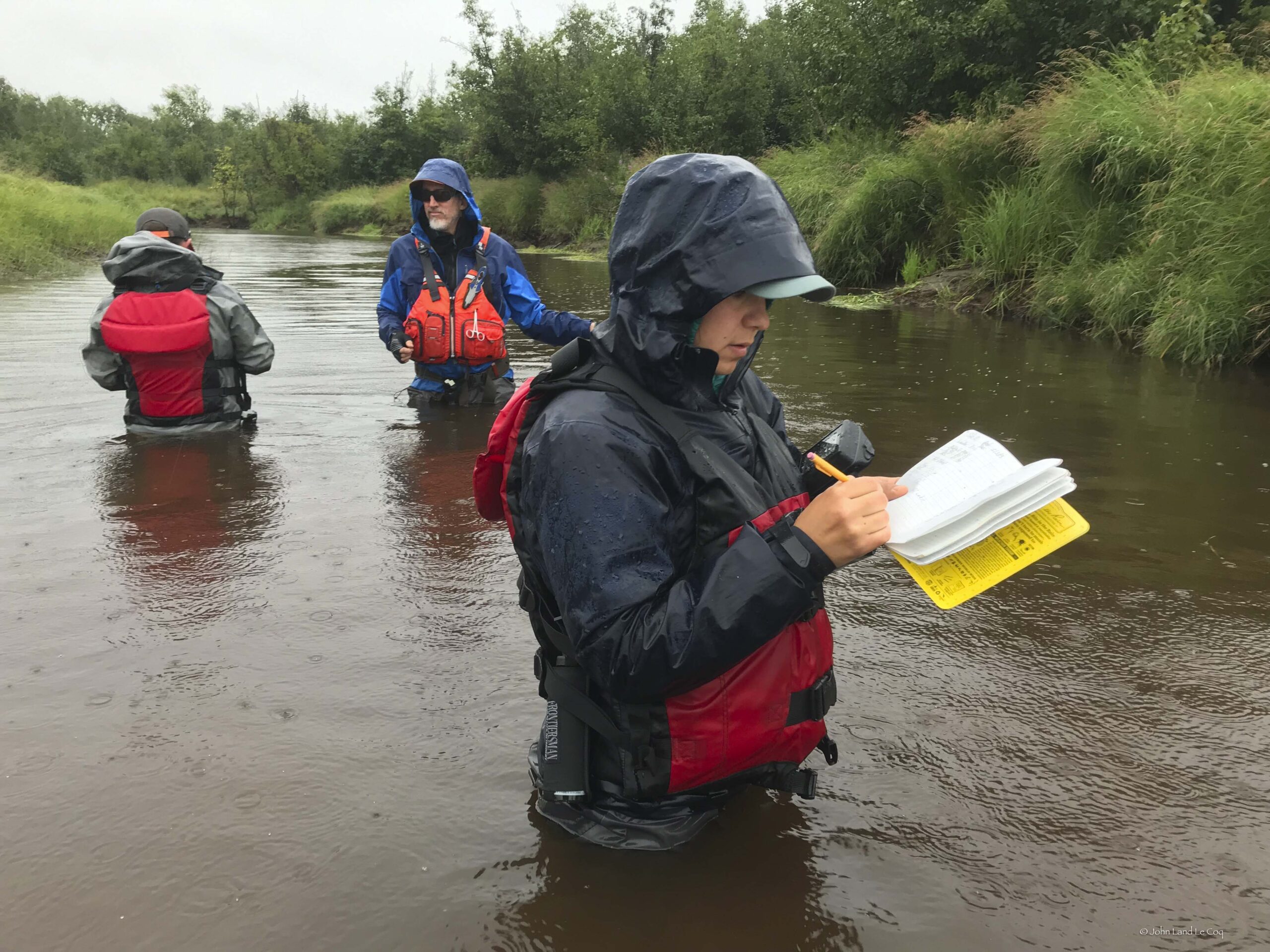 Taking river measurements in Alaska.