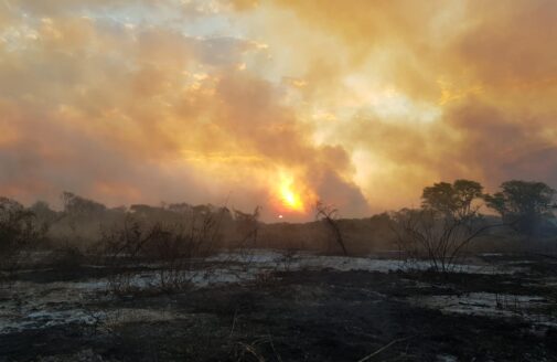 Smoke rises from the land, filling an orange sky