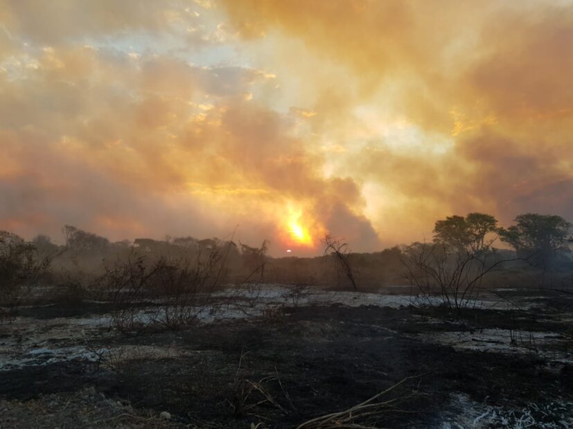 Smoke rises from the land, filling an orange sky