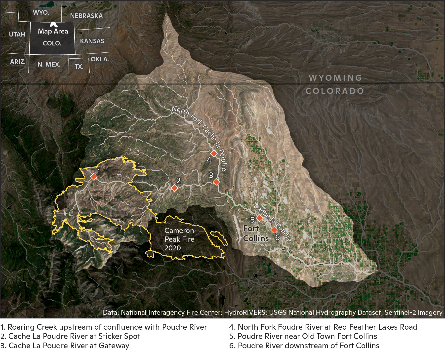 A map of the Cache la Poudre River Watershed, showing the areas impacted by the 2020 Cameron Peak Fire and sites of river water samples.