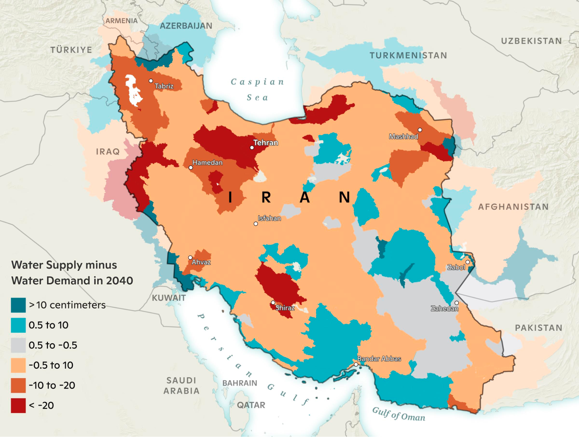 Projected unmet water demand in 2040 for Iran and neighboring territories.