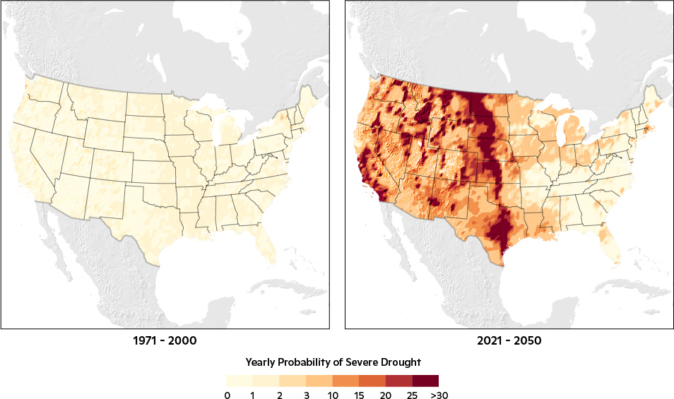 Comparison maps of Yearly Probabilities (%) of a Severe Drought in 1971-2000 and 2021-2050.