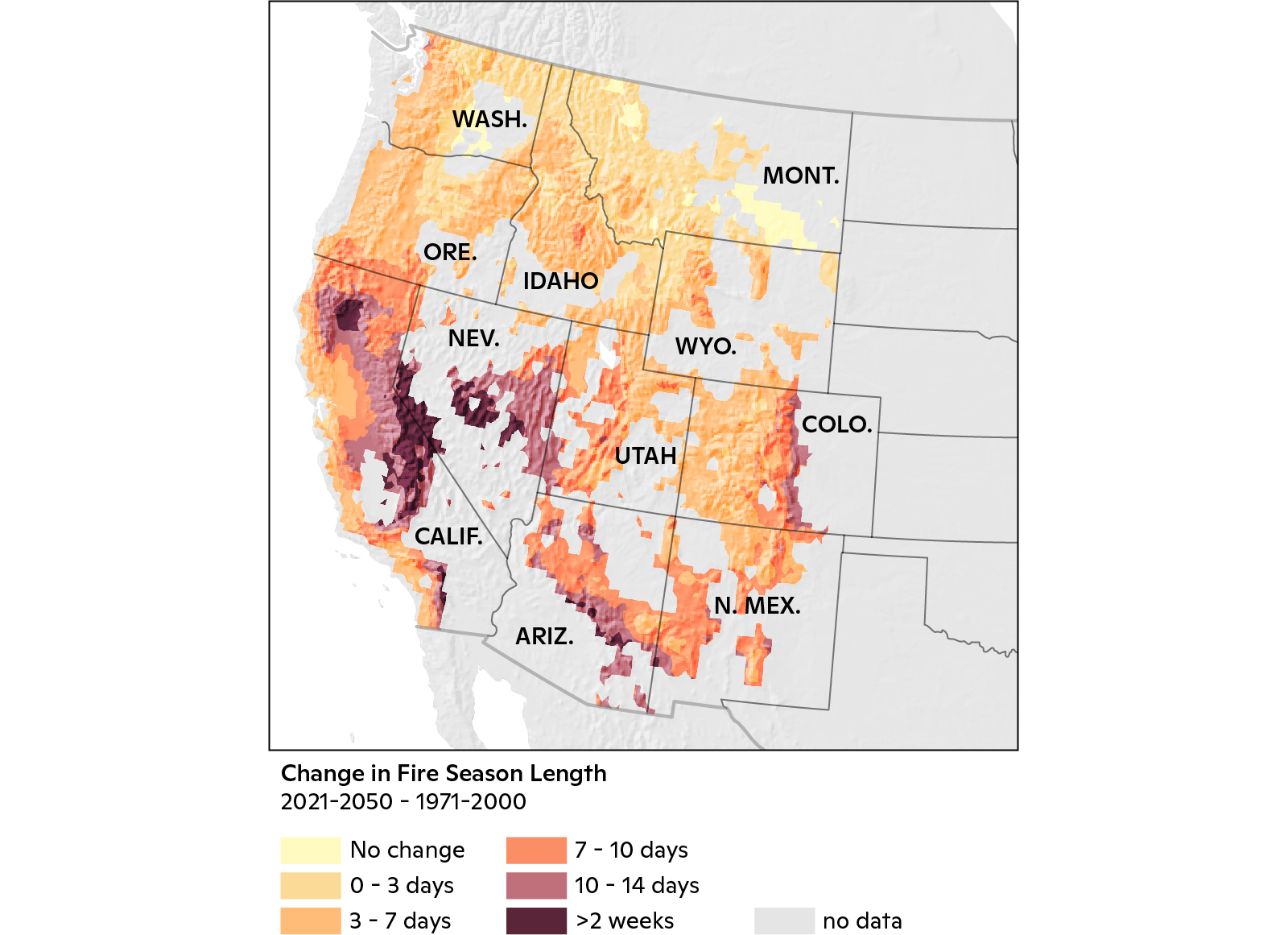 Increase in fire danger days in 2021-2050 relative to 1971-2000 in western United States.