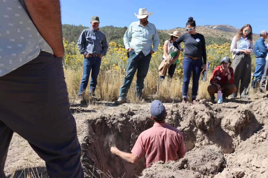 A man stands in a deep hole in the dirt, with folks standing around looking in as he talks, moving soil with his hands