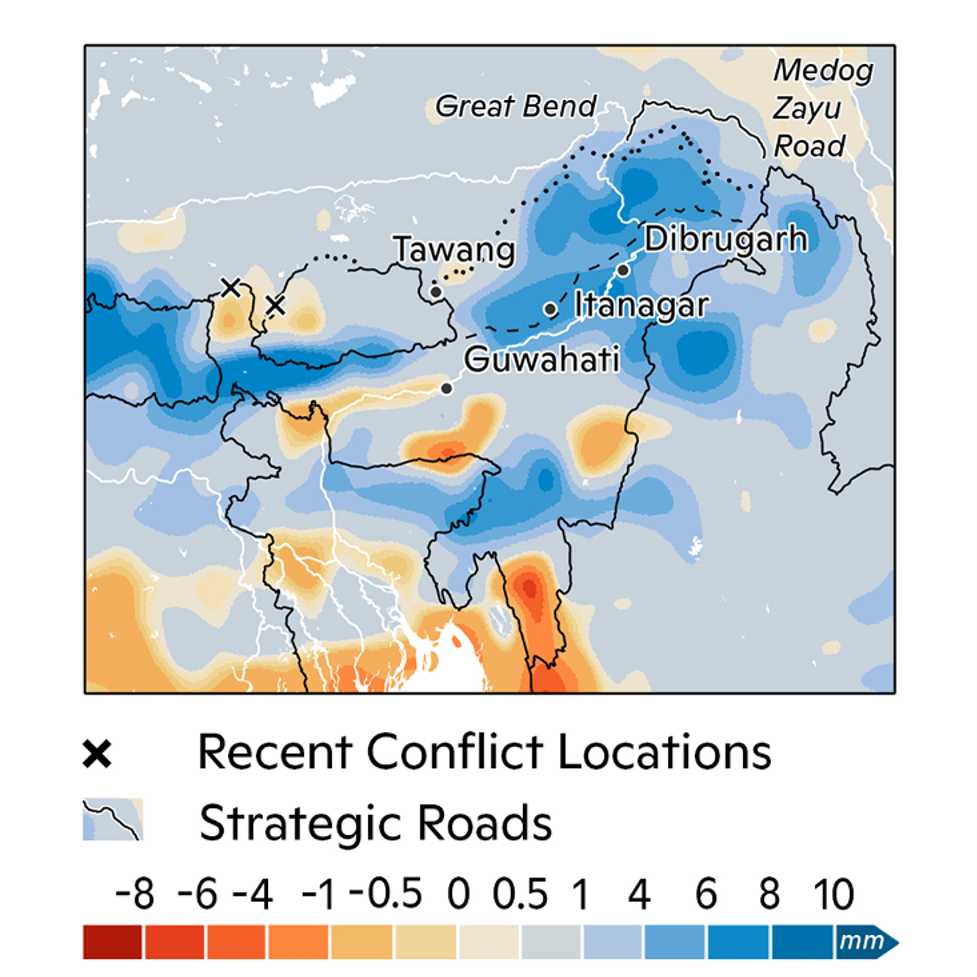 A map of the border region between India and China, showing conflicts in regions receiving less rainfall than normal along strategic roads