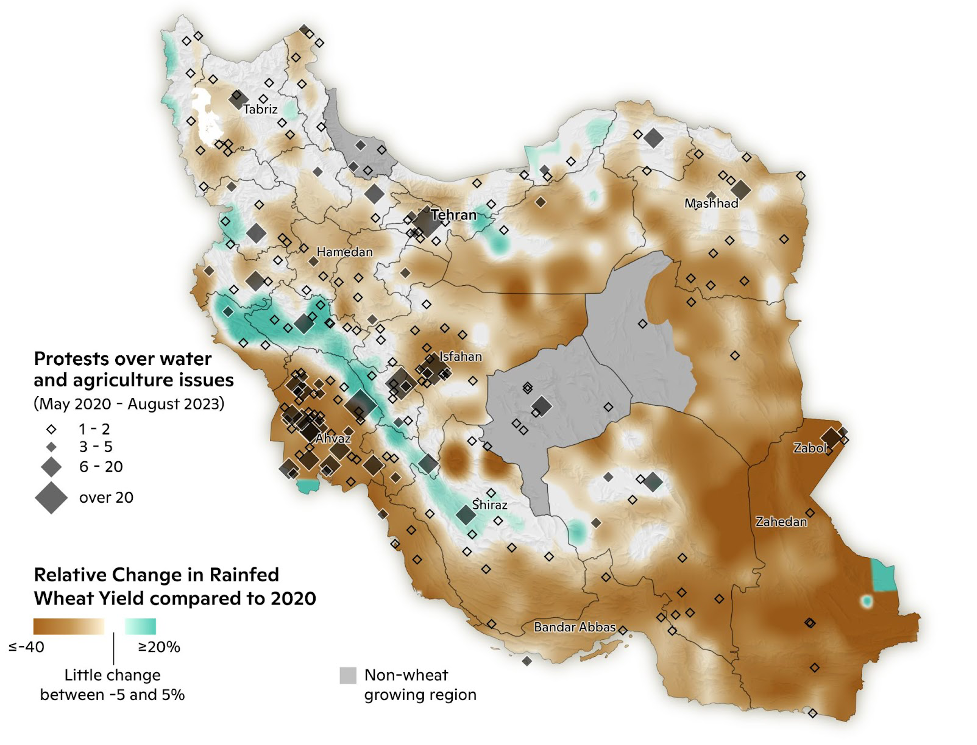 A map of Iran showing protests over water and agriculture issues. A majority of the protests occurred in areas where rainfed wheat yield decreased almost 40% compared to 2020, although some protests did occur in places where yields increased.